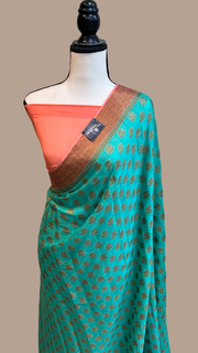 Turquoise Pure Chiffon Khaddi Banarasi Saree - The Handlooms
