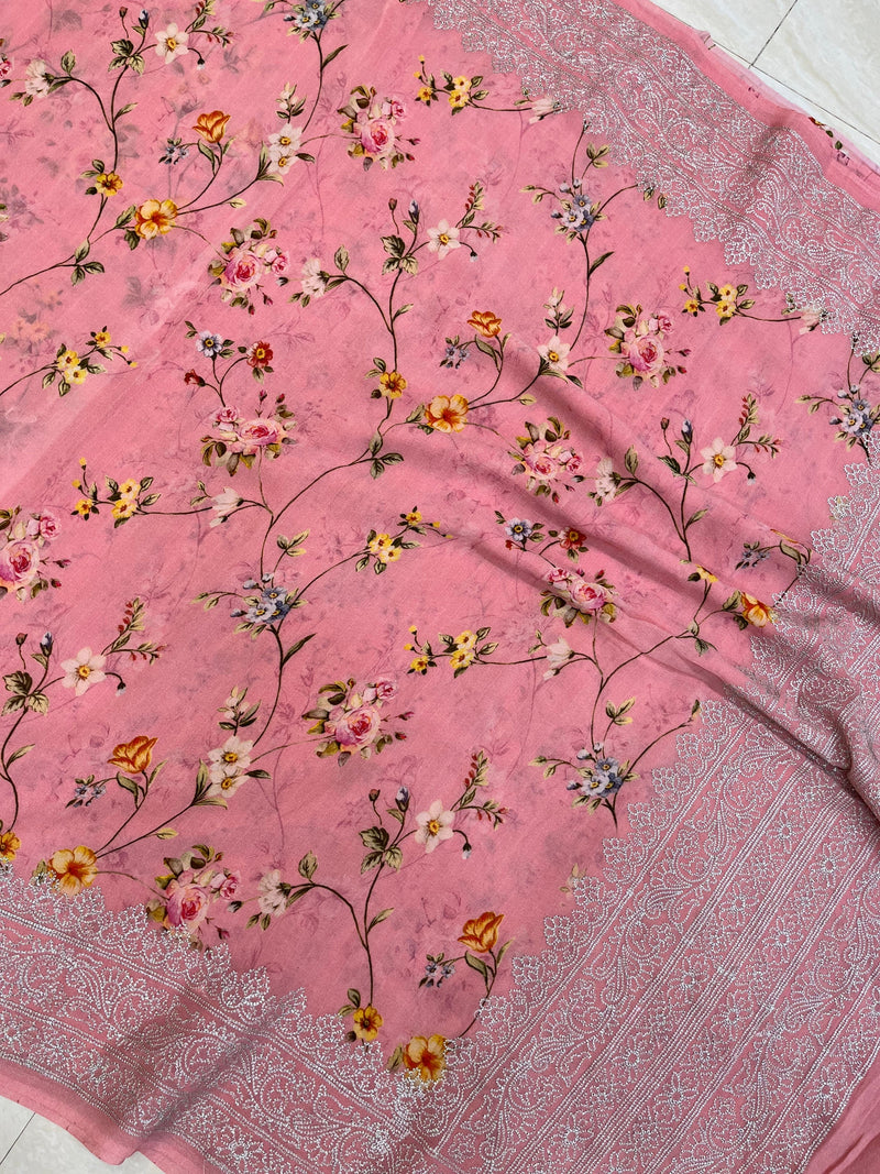 Pure Georgette  Digital Print with Chikankari Handloom Banarasi Saree - The Handlooms