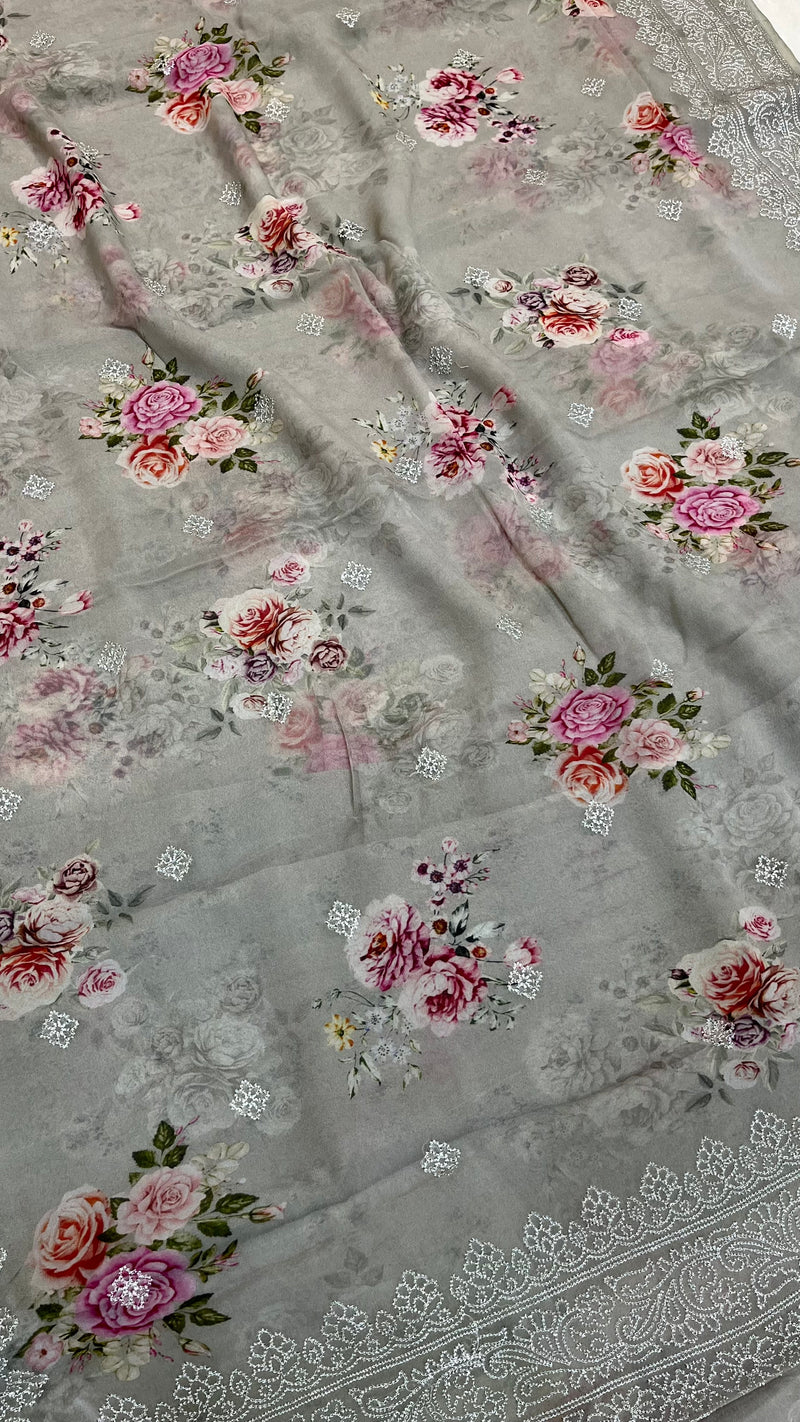 Pure Georgette  Digital Print with Chikankari Handloom Banarasi Saree - The Handlooms