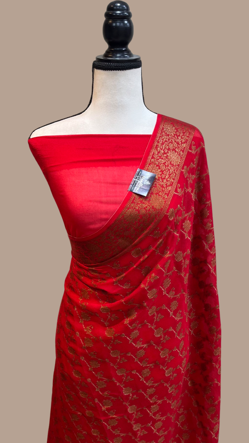 Red Pure Chiffon Khaddi Banarasi Saree - The Handlooms