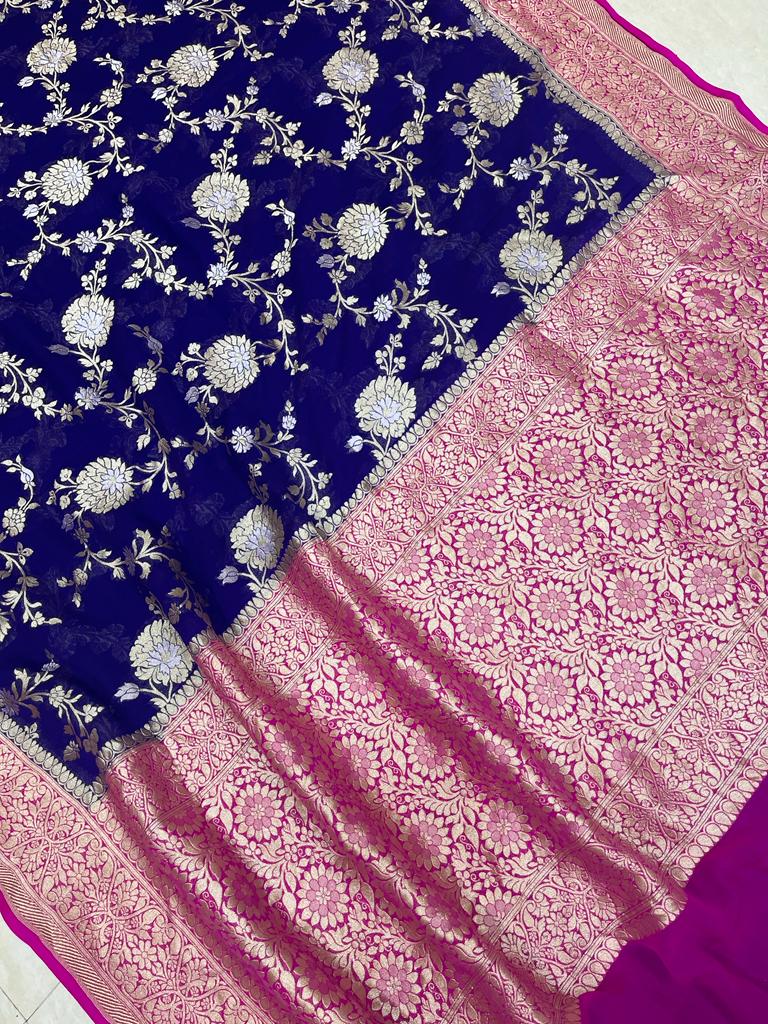 Khaddi Georgette Handloom Banarasi Saree - All over sona roopa Jaal Work - The Handlooms