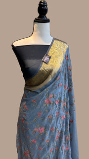 Pure Georgette Chikankari Handloom Banarasi Saree - The Handlooms