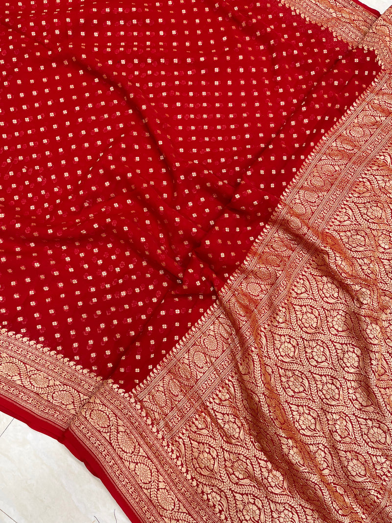 Red Khaddi Georgette Banarasi Saree - Gold zari - The Handlooms