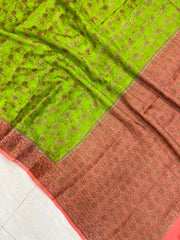 Lime Green Pure Chiffon Khaddi Banarasi Saree - The Handlooms