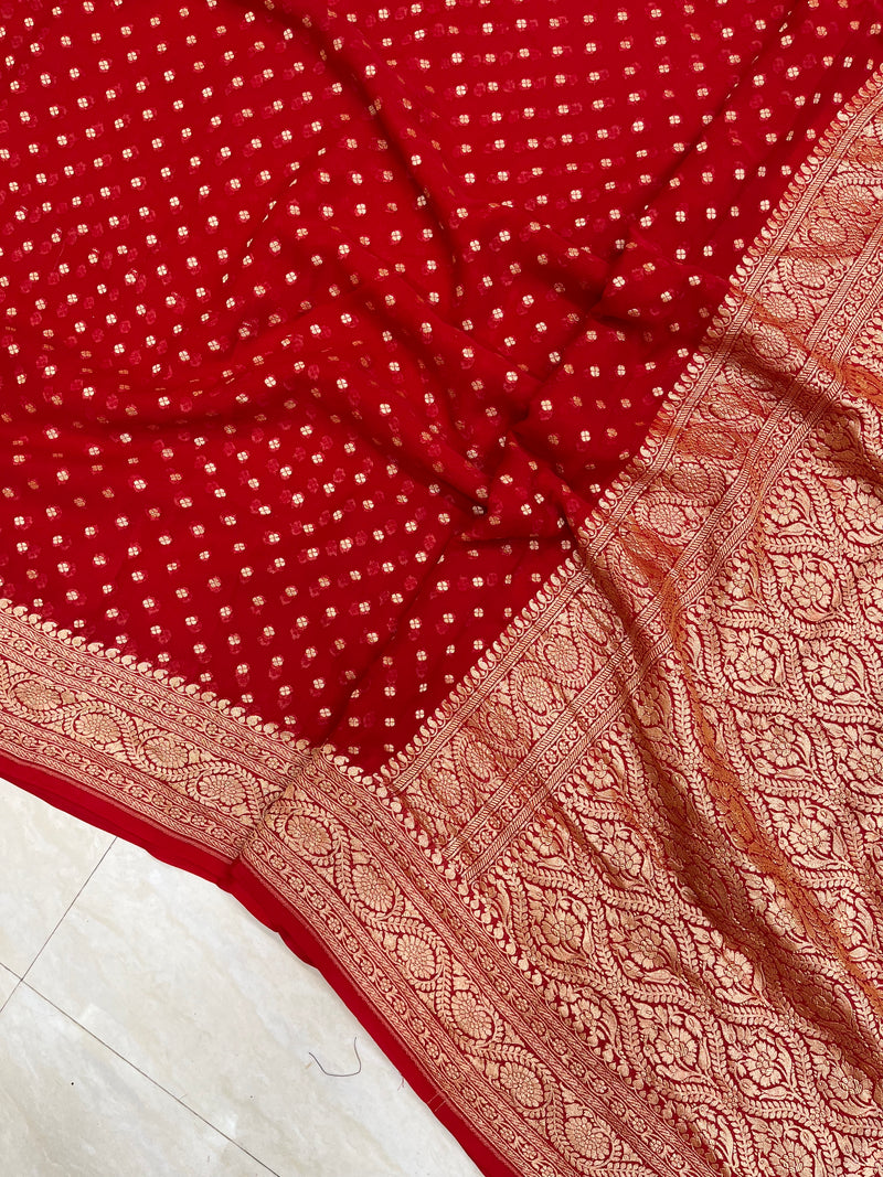 Red Khaddi Georgette Banarasi Saree - Gold zari - The Handlooms