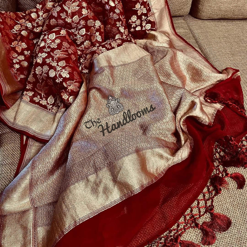 Maroon Khaddi Georgette Handloom Banarasi Saree - The Handlooms