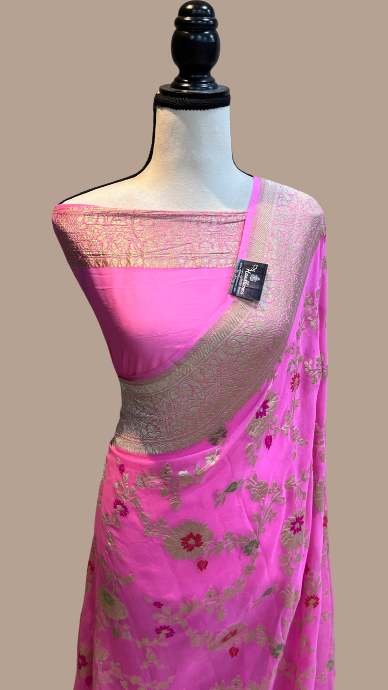 Pink Khaddi Georgette Handloom Banarasi Saree - All over Jaal Work with meenakari - The Handlooms