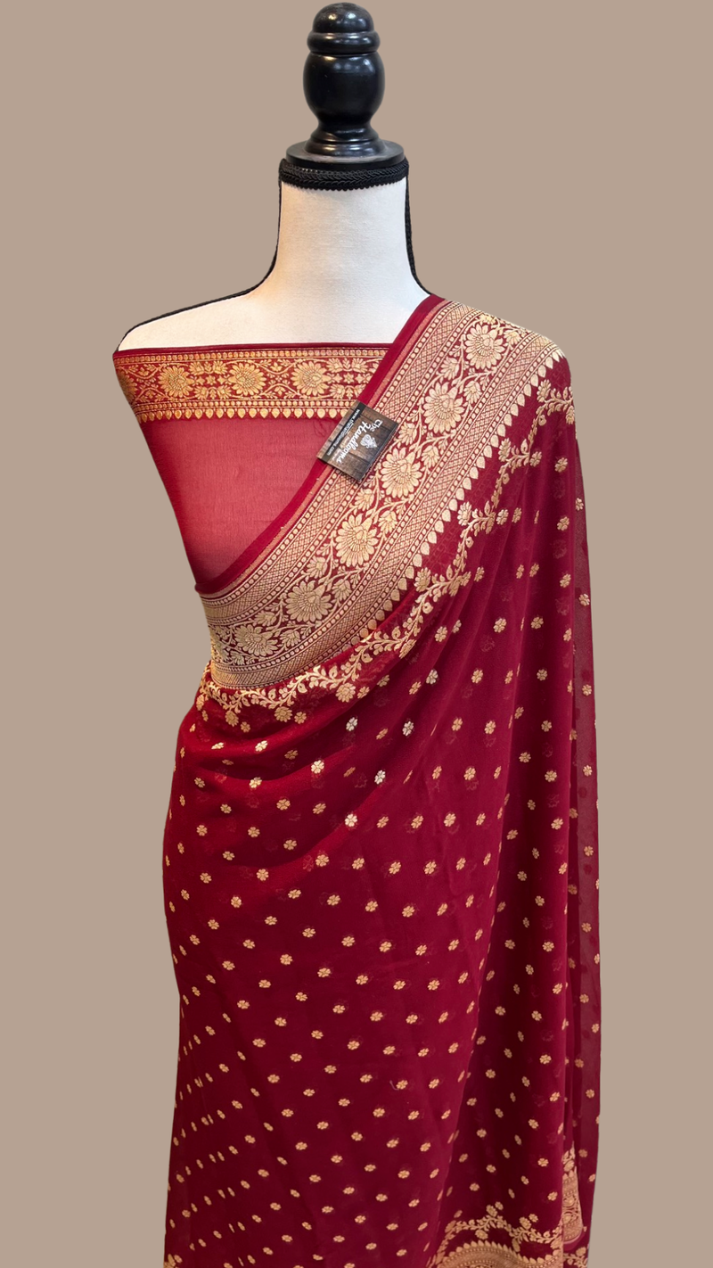 Maroon Khaddi Georgette Handloom Banarasi Saree - Gold zari - The Handlooms