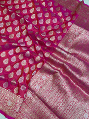 Hot Pink Pure Katan Silk Banarasi Handloom Saree - All over Sona Roopa work - The Handlooms