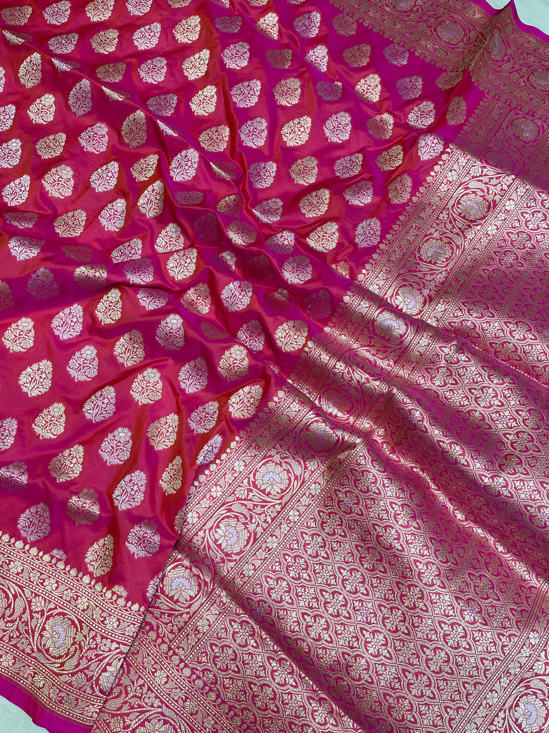 Hot Pink Pure Katan Silk Banarasi Handloom Saree - All over Sona Roopa work - The Handlooms