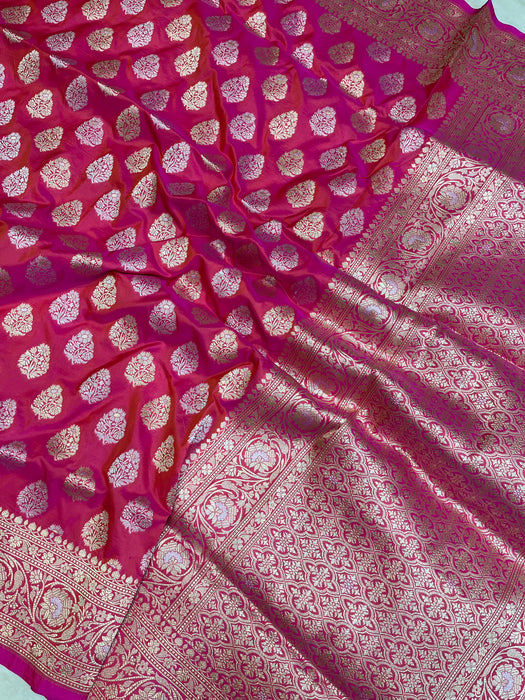 Hot Pink Pure Katan Silk Banarasi Handloom Saree - All over Sona Roopa work