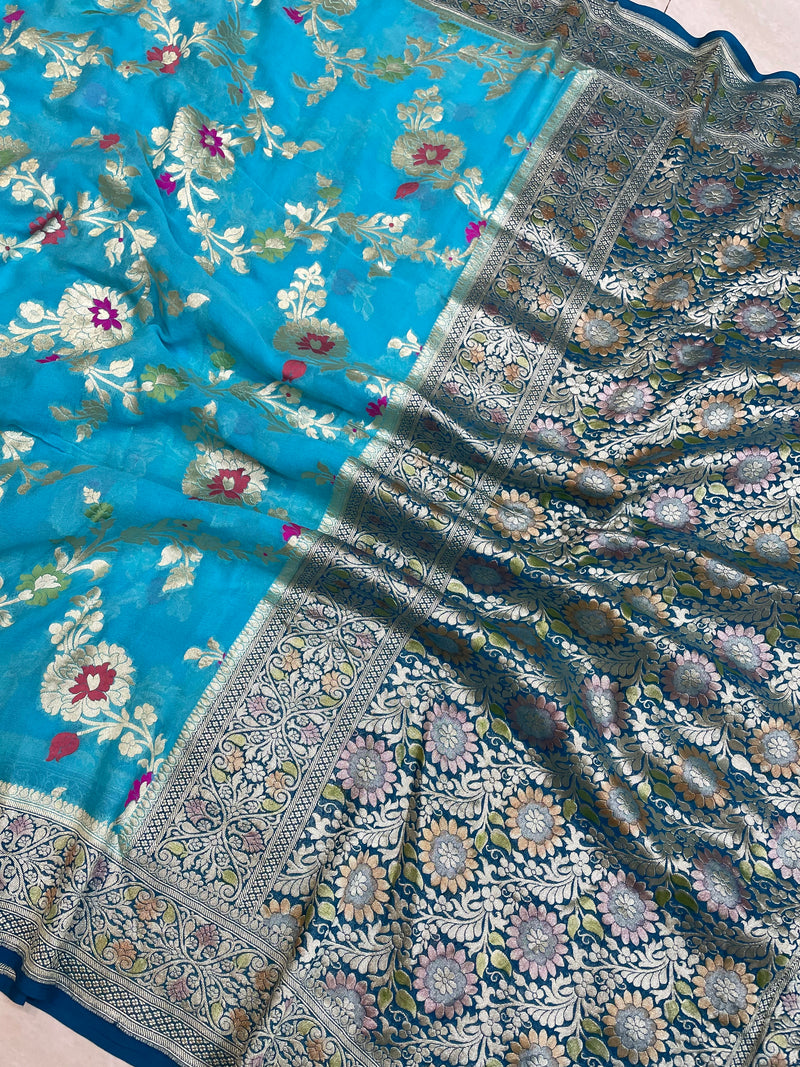 Khaddi Georgette Handloom Banarasi Saree - All over Jaal Work with meenakari - The Handlooms