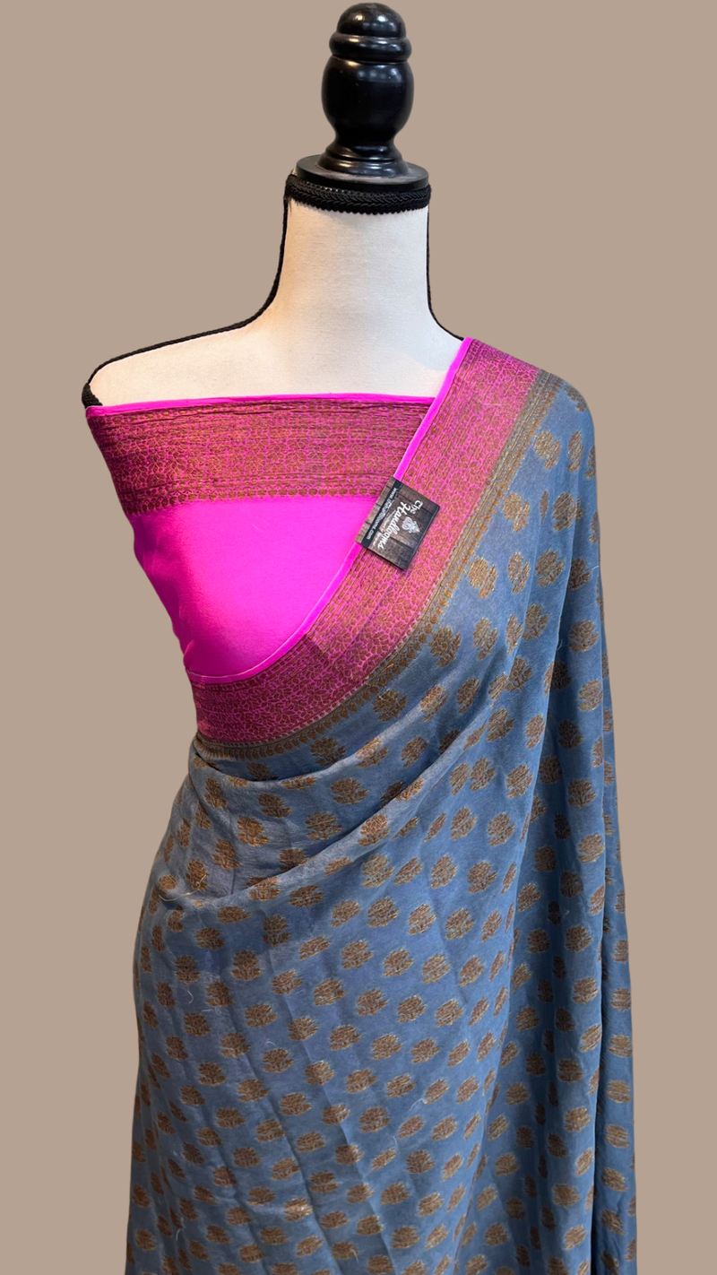 Grey Pure Chiffon Khaddi Banarasi Saree - The Handlooms