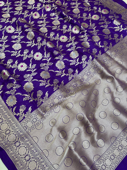 Pure Katan Silk Banarasi Handloom Saree - All over Jaal work with Meenakari - The Handlooms
