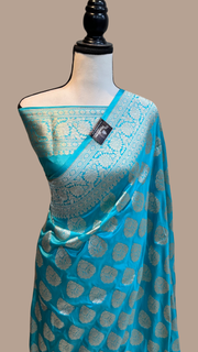 Aqua Blue Pure Katan Silk Banarasi Handloom Saree - All over Jaal work - The Handlooms