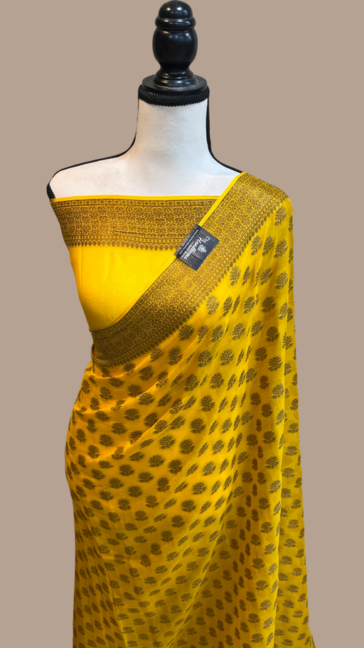 Golden Yellow Pure Chiffon Khaddi Banarasi Saree - The Handlooms