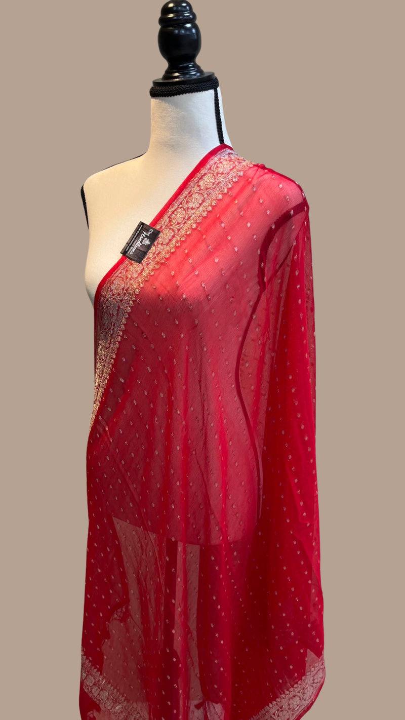 Pure Georgette Dupatt - Red silver zari - The Handlooms