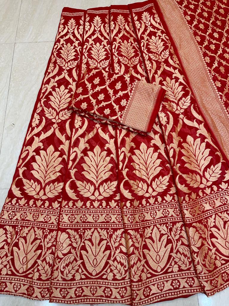 Red Pure Khaddi Georgette Handloom Banarasi Lehenga - Stitched - The Handlooms