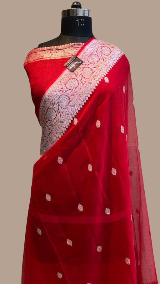 Red Pure Georgette Handloom Banarasi Saree - The Handlooms