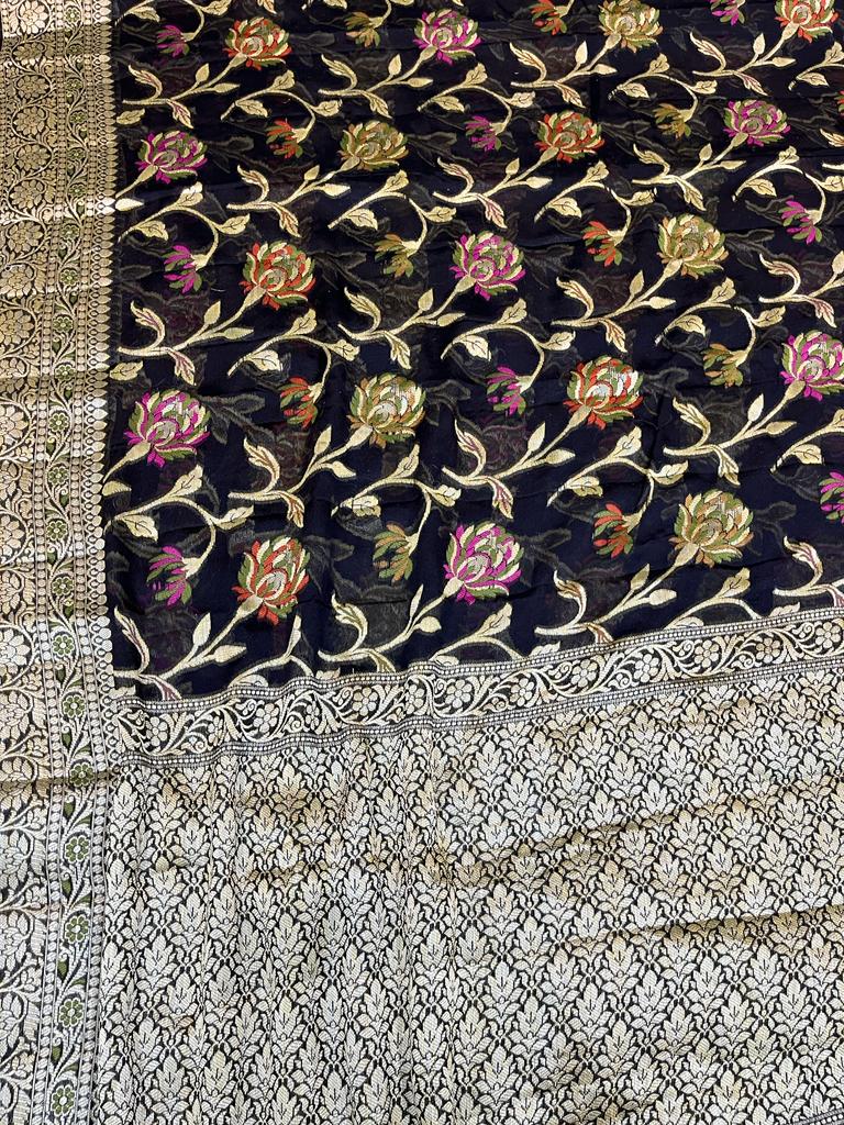 Black Pure Chiffon Khaddi Banarasi Saree - The Handlooms