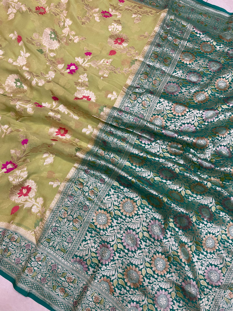 Khaddi Georgette Handloom Banarasi Saree - All over Jaal Work with meenakari - The Handlooms