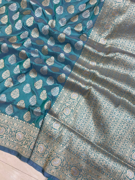 Sea Blue Pure Katan Silk Banarasi Handloom Saree - All over Sona Roopa work