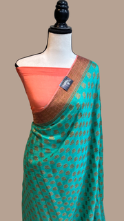 Turquoise Pure Chiffon Khaddi Banarasi Saree - The Handlooms
