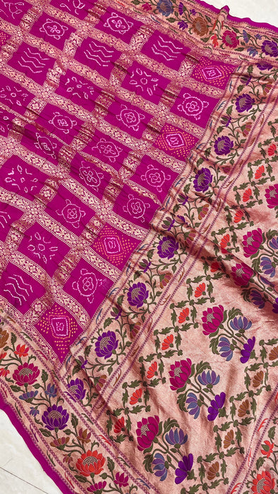 Pure Georgette Banarasi Bandhej Handloom Saree - with meenakari work - The Handlooms