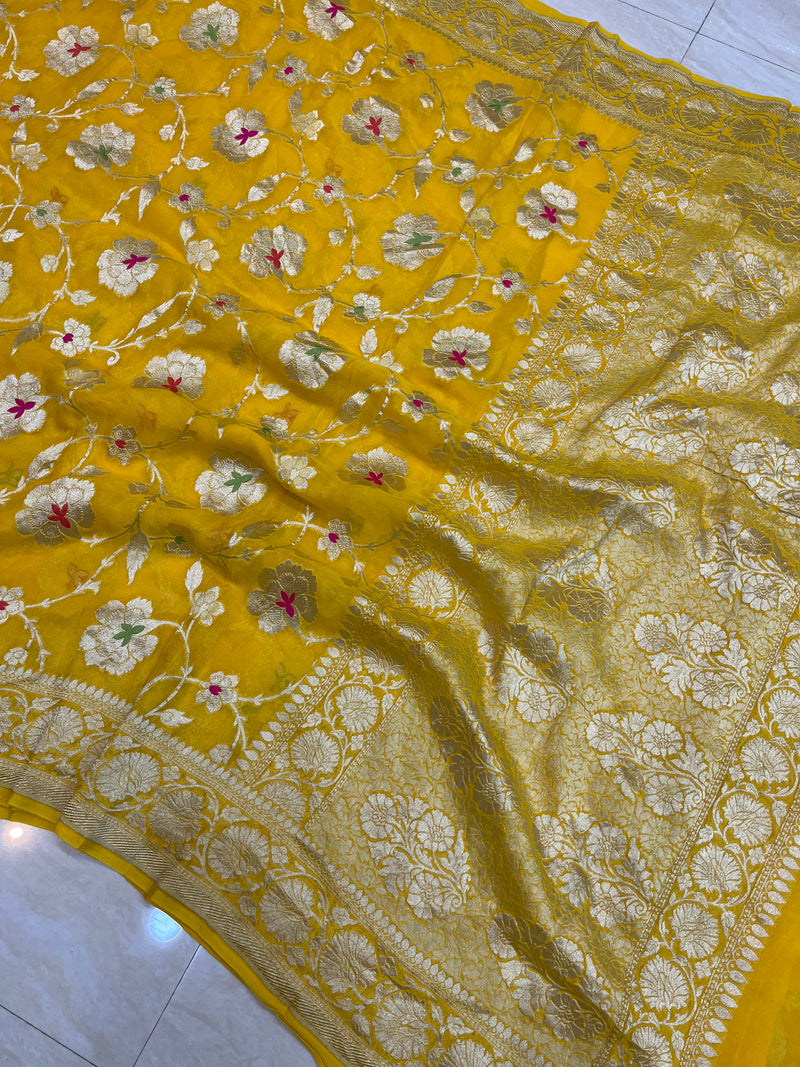 Pure Khaddi Georgette Handloom Banarasi Saree - All over Jaal Work with meenakari - The Handlooms