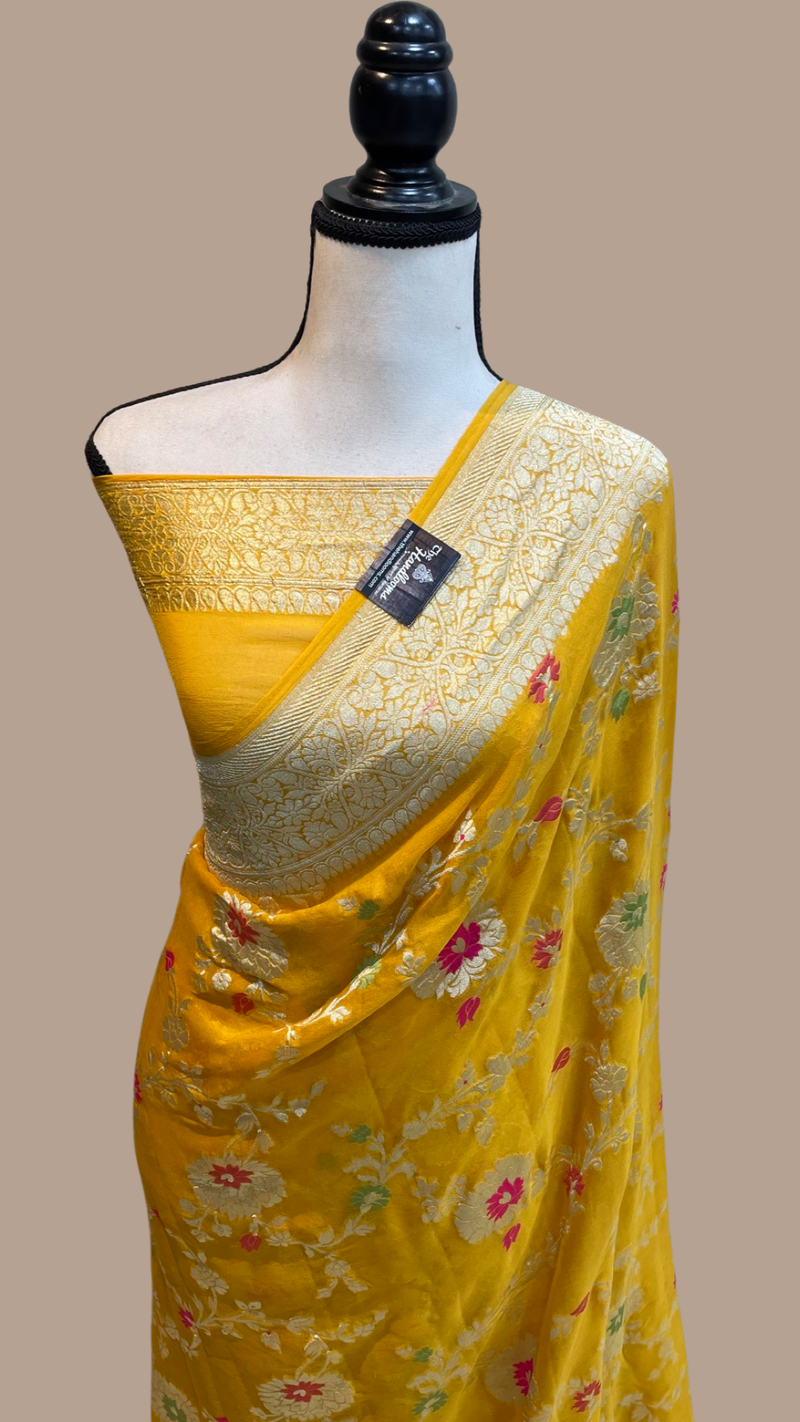Khaddi Georgette Handloom Banarasi Saree - All over Jaal Work with meenakari - The Handlooms