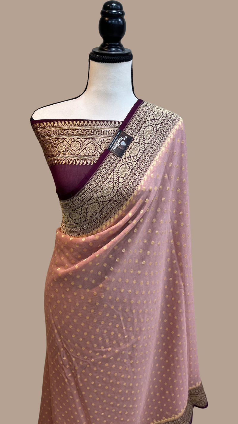Dual Shade Khaddi Georgette Handloom Banarasi Saree - Gold Zari - The Handlooms