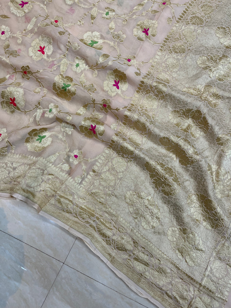 Khaddi Georgette Handloom Banarasi Saree - All over Jaal Work with meenakari - The Handlooms
