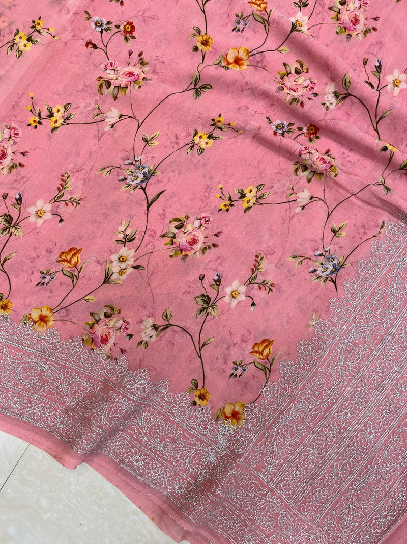 Pure Georgette  Digital Print with Chikankari Handloom Banarasi Saree - The Handlooms