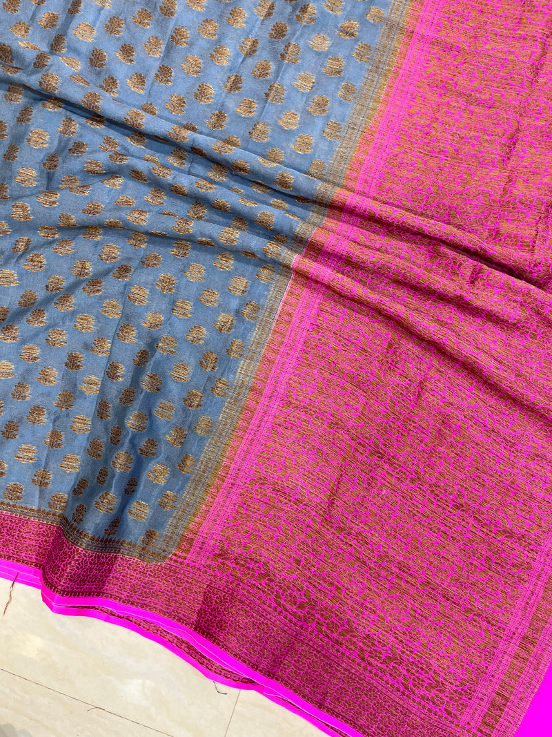 Grey Pure Chiffon Khaddi Banarasi Saree - The Handlooms