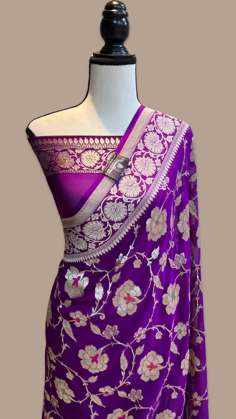 Khaddi Georgette Handloom Banarasi Saree - All over Jaal Work with meenakari - The Handlooms