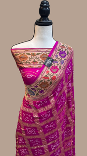Pure Georgette Banarasi Bandhej Handloom Saree - with meenakari work - The Handlooms