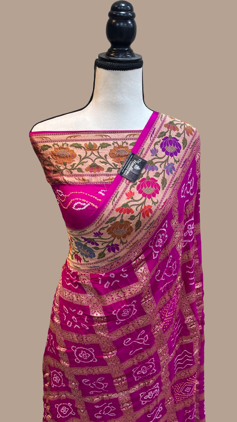 Pure Georgette Banarasi Bandhej Handloom Saree - with meenakari work - The Handlooms