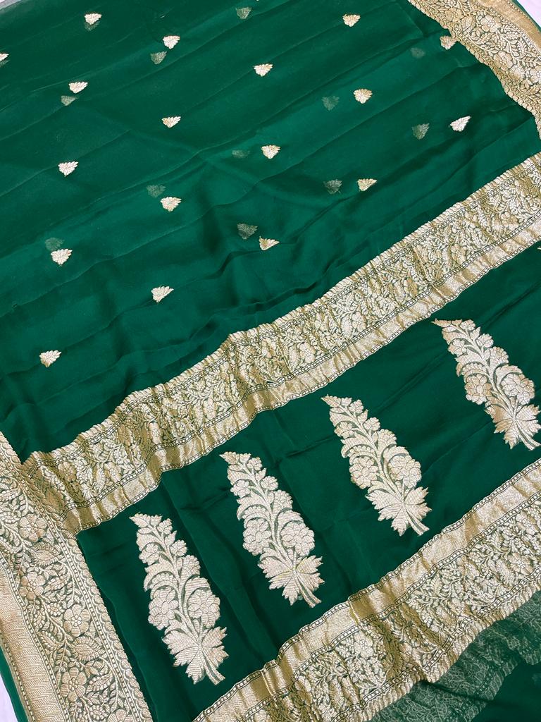 Green Pure Georgette Banarasi Saree - Gold zari - The Handlooms