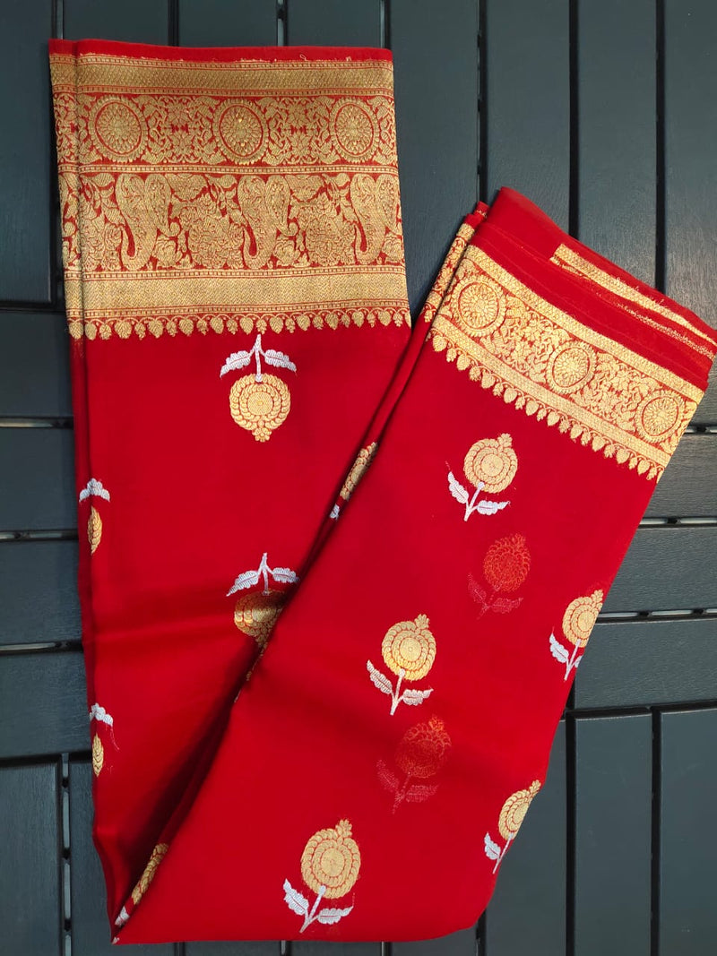 Red Pure Kora Handloom Banarasi Saree - Sona Roopa Alfi Kadua Boota - The Handlooms