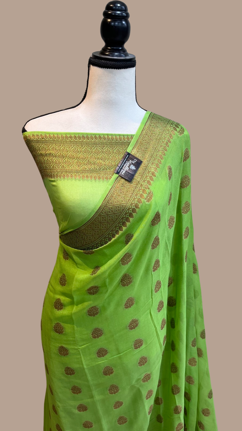 Lime Green Pure Chiffon Khaddi Banarasi Saree - The Handlooms