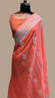 Peach Pure Georgette Banarasi Handloom Saree - The Handlooms
