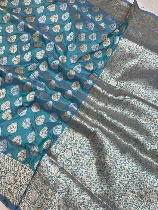 Sea Blue Pure Katan Silk Banarasi Handloom Saree - All over Sona Roopa work - The Handlooms