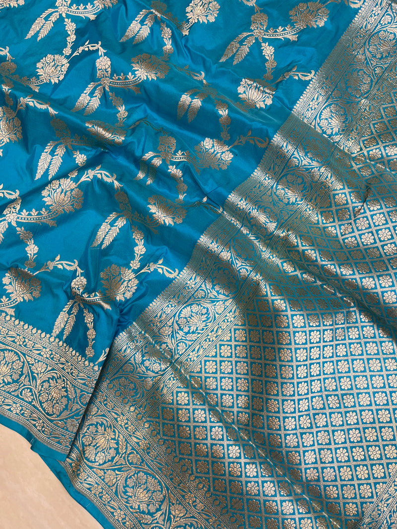 Sky Blue Pure Katan Silk Banarasi Handloom Saree - All over Jaal work - The Handlooms
