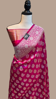 Hot Pink Pure Katan Silk Banarasi Handloom Saree - All over Sona Roopa work - The Handlooms