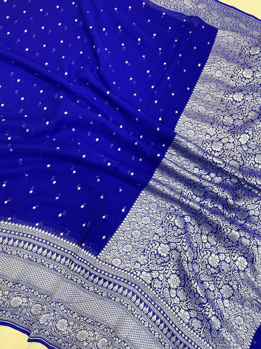 Royal Blue Khaddi Georgette Handloom Banarasi Saree - The Handlooms