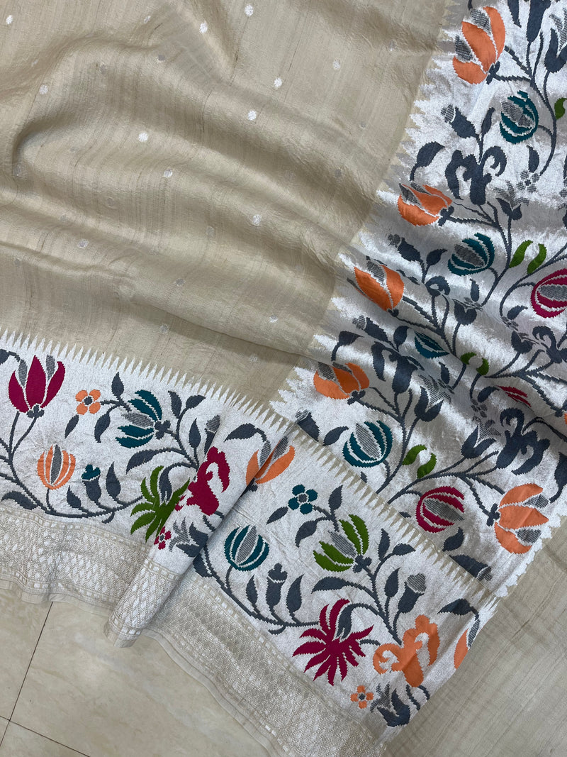 Tussar Georgette Handloom Banarasi Saree - Paithani Border - The Handlooms