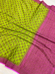 Lime Green Pure Chiffon Khaddi Banarasi Saree - The Handlooms