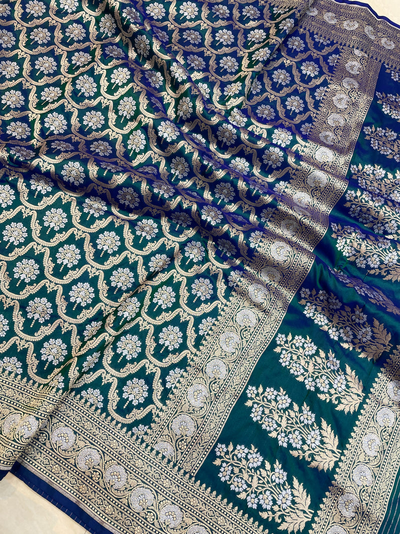 Pure Katan Silk Banarasi Handloom Saree - All over Sona Roopa Jaal work - The Handlooms