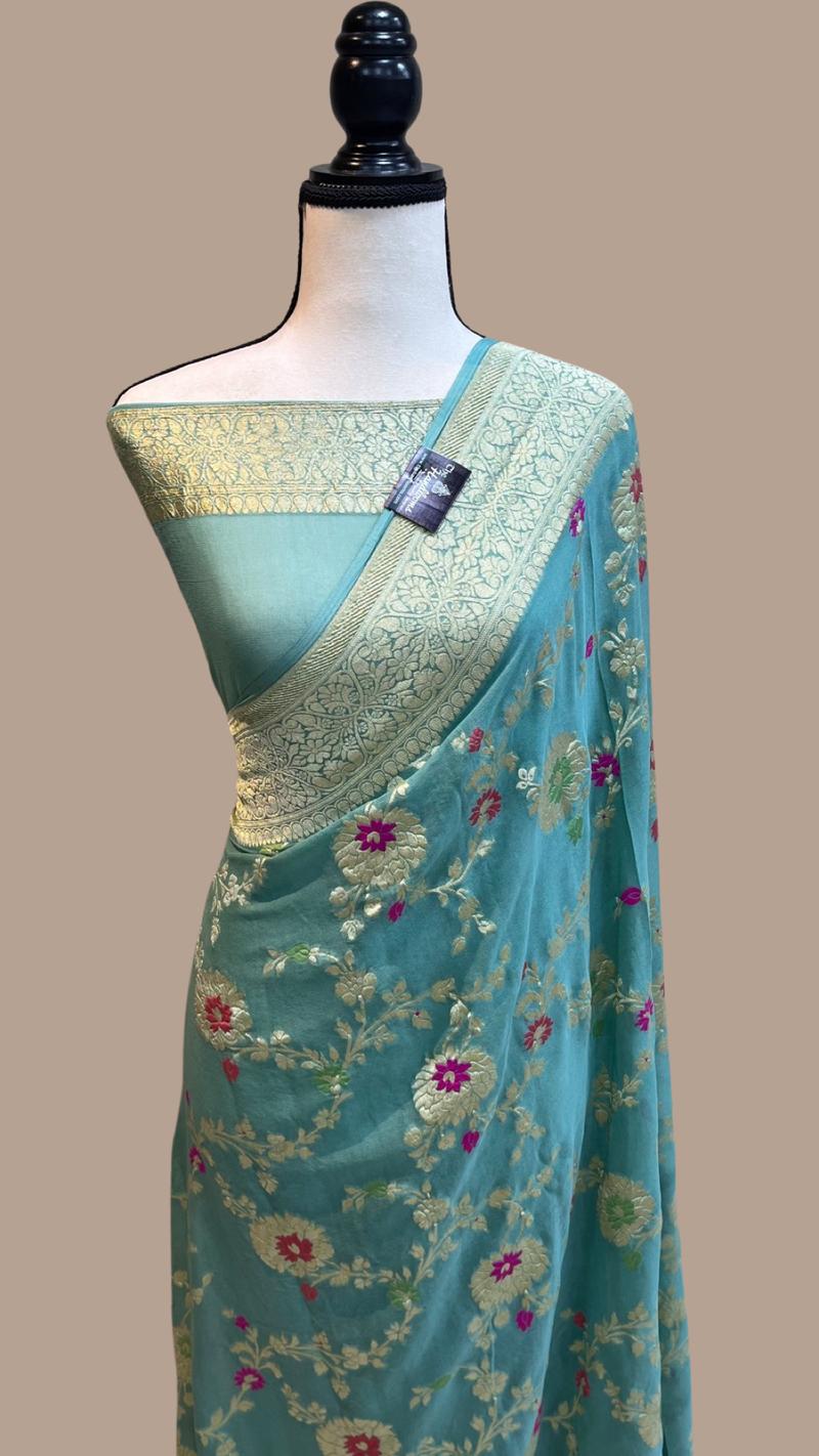 Khaddi Georgette Handloom Banarasi Saree - All over Jaal Work with meenakari - The Handlooms