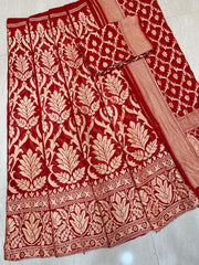 Red Pure Khaddi Georgette Handloom Banarasi Lehenga - Stitched - The Handlooms